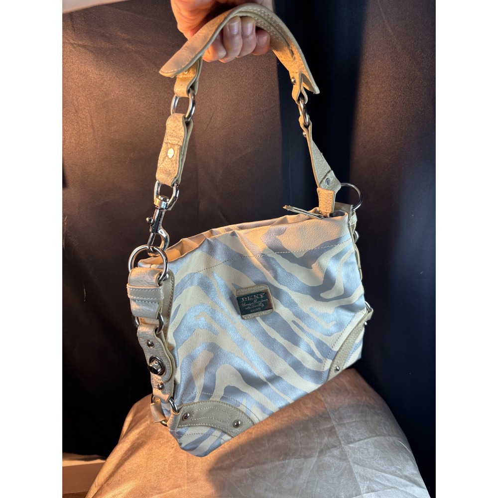 DKNY Zebra Print Shoulder Bag Metallic Silver Cream Hobo Handbag Red Lining